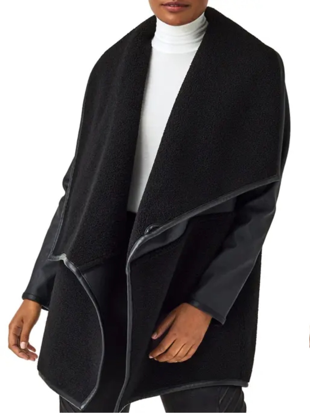 Spanx Fleece & Faux Leather Long Wrap Jacket Black Extra Small